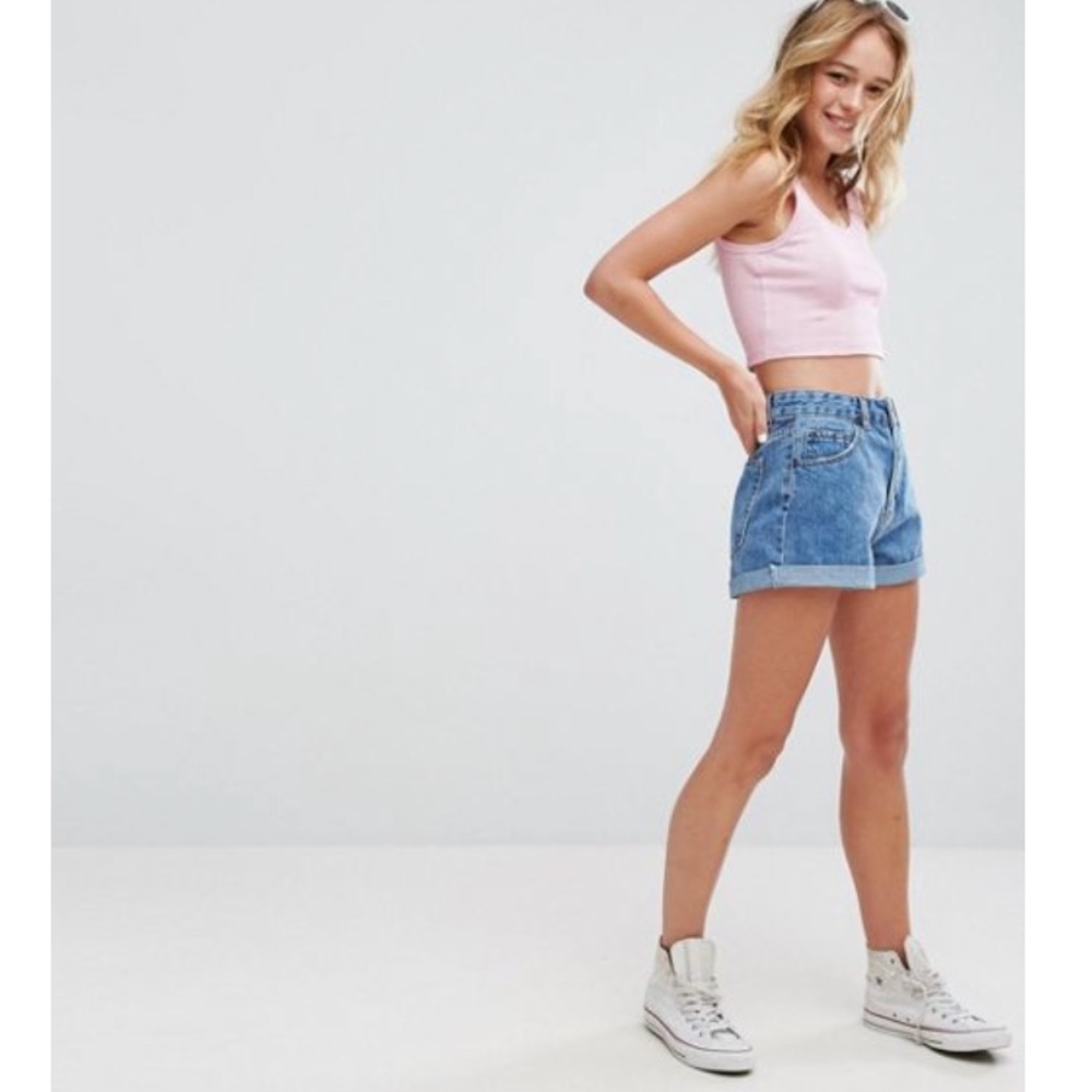 Pull & Bear High Waisted Turn Up Denim Shorts